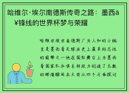 哈维尔·埃尔南德斯传奇之路：墨西哥锋线的世界杯梦与荣耀